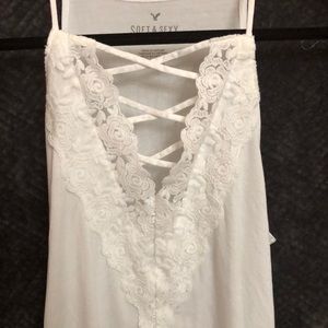 American Eagle Outfitters Tops - White High-Neck Crisscross Lace Tank Top! American Eagle Outfitters Tops - White High-Neck Crisscross Lace Tank Top!